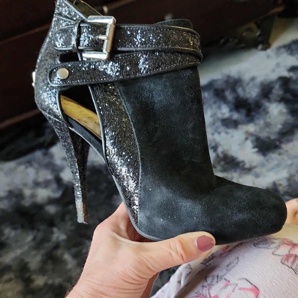 Guess Black Suede and Glitter Ankle Booties